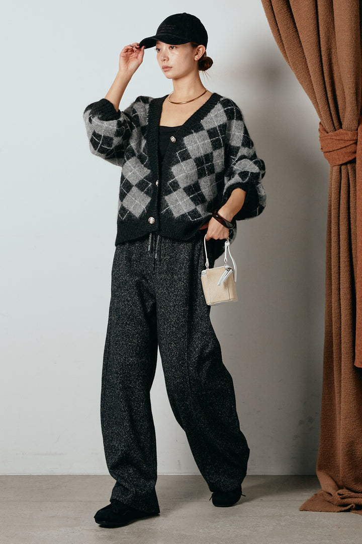 [SET]オーバーサイズ総柄Vネックニットカーディガン+杢ニットフレアパンツ(2set)