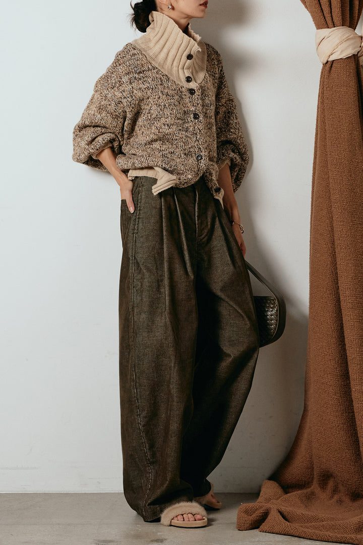 [SET]ハイネックミックスニットカーディガン+フロントタック入りコーデュロイパンツ(2set)