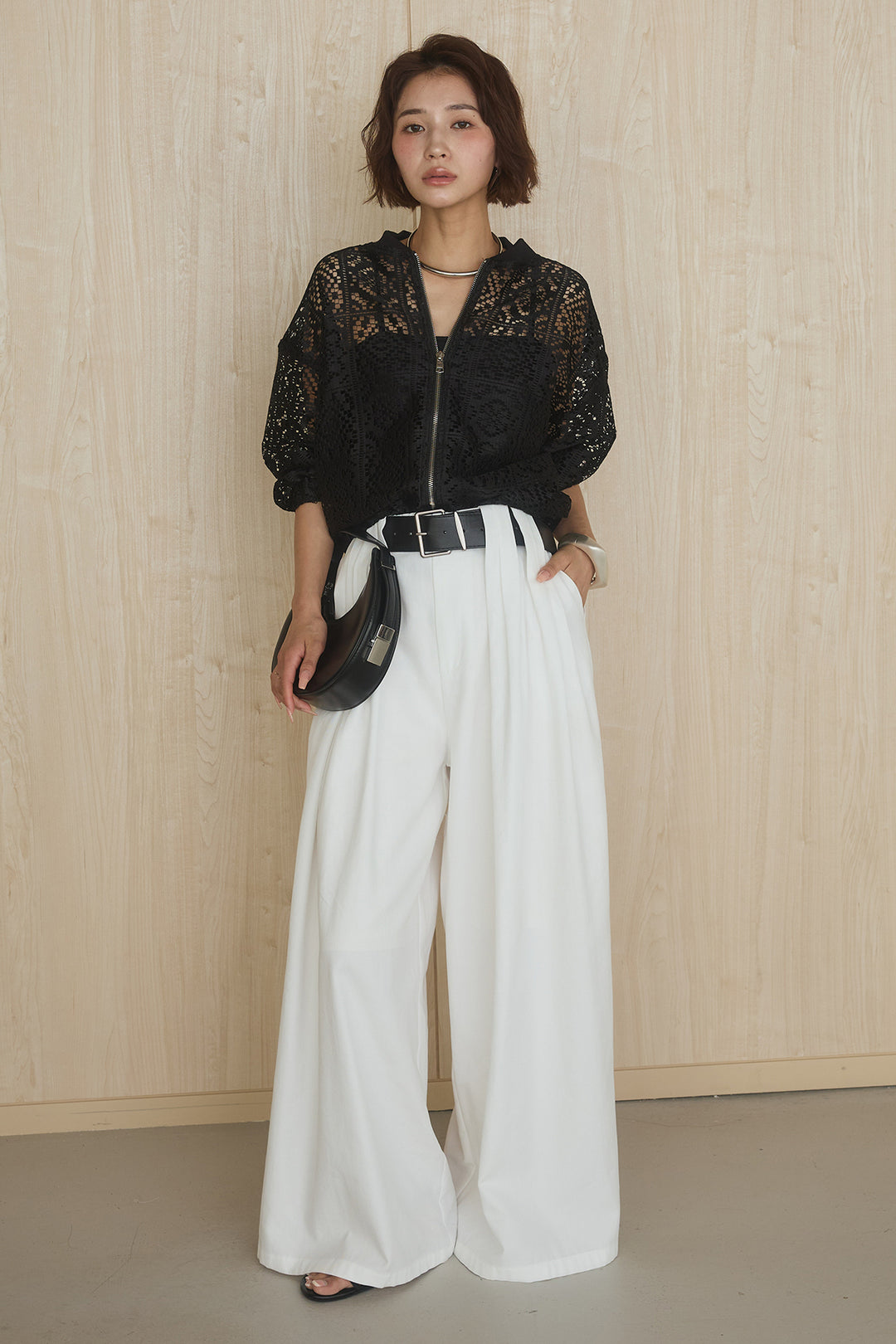 [SET]幾何レースブルゾン+ベルト付きビックループワイドパンツ(2set)