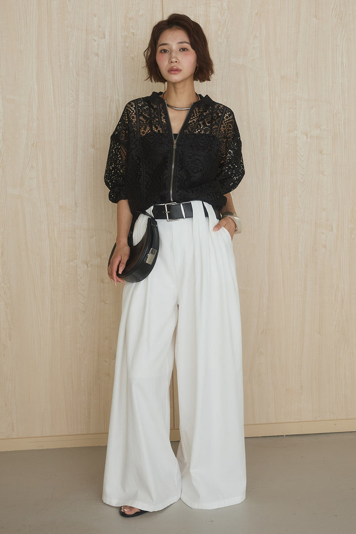 [SET]幾何レースブルゾン+ベルト付きビックループワイドパンツ(2set)