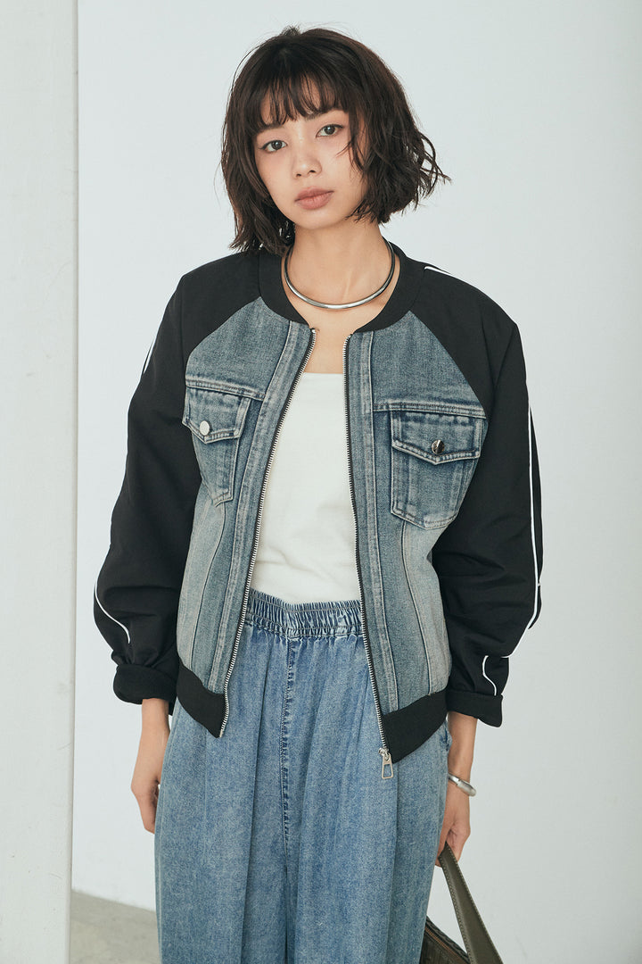 [SET]ナイロンデニムドッキングブルゾン+テンセルデニムイージーワイドパンツ(2set)