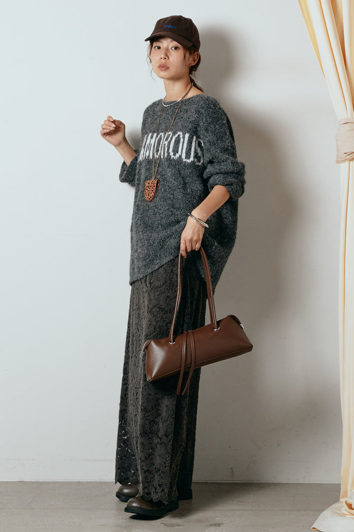 [SET]フロントロゴデザインニットトップス+花柄刺繍ベロアフレアスカート(2set)