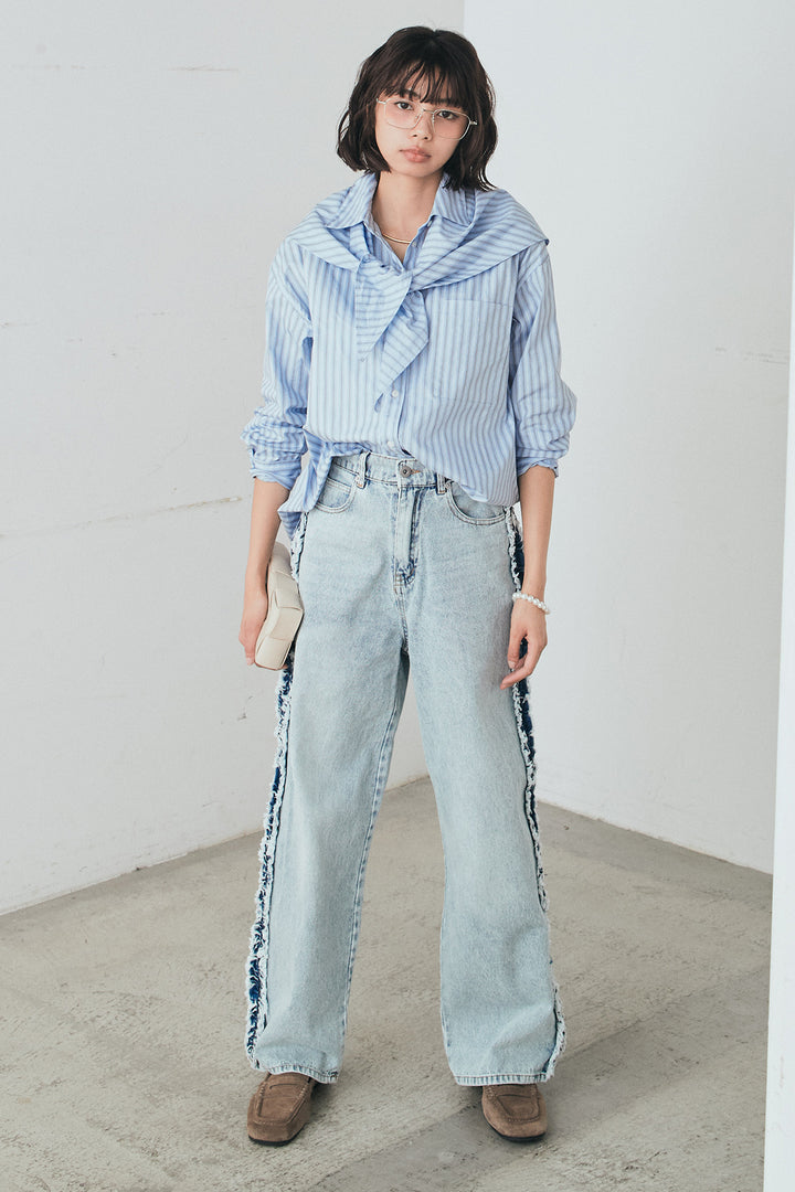 [SET]ランダムストライプスカーフ付きシャツ+デニムサイドフリルパンツ(2set)