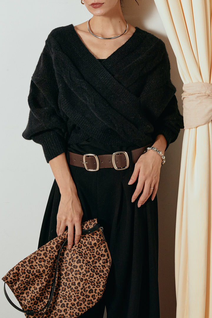 [SET]ケーブルカシュクールニットトップス+フェイクレザー太ベルト付きタックワイドパンツ(2set)