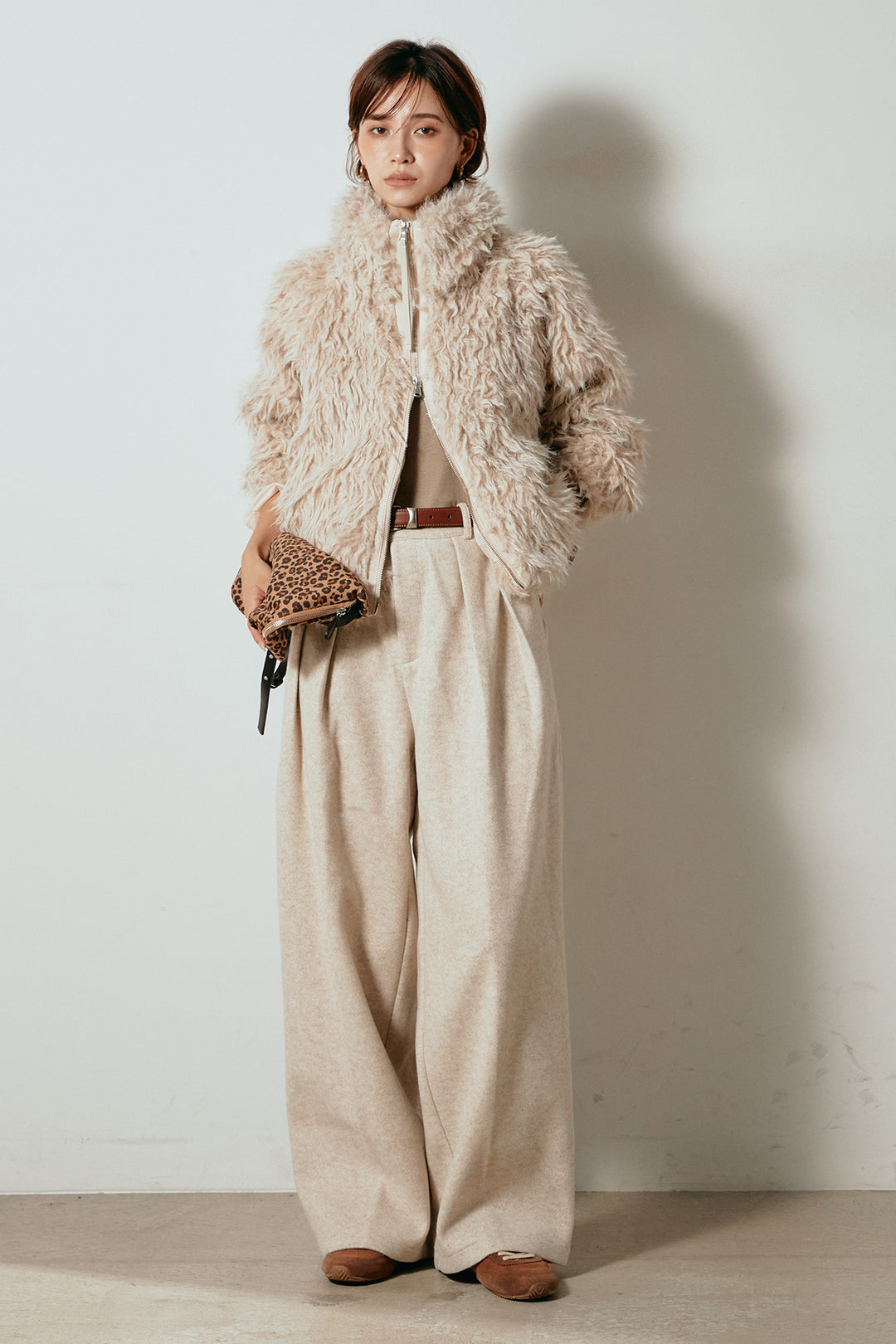 [SET]ミックスシープファースタンドブルゾン+フェイクウールタックトラウザーズパンツ(2set)