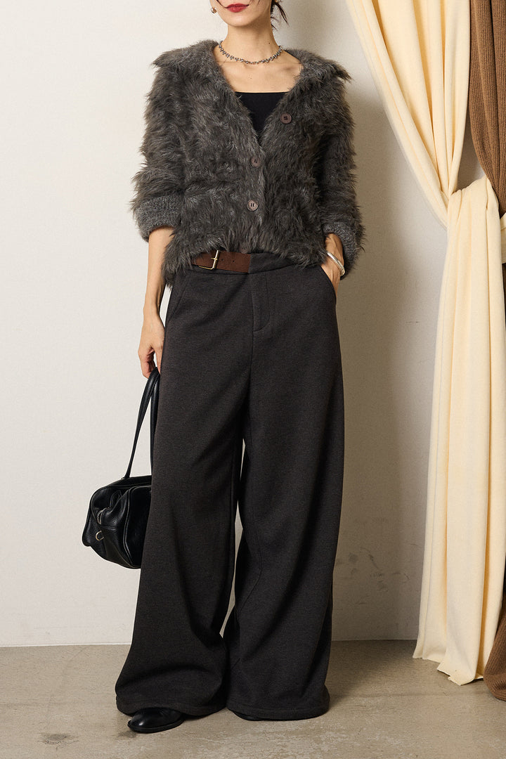 [SET]襟付きシャギーニットカーディガン+サイドベルトパンツ(2set)