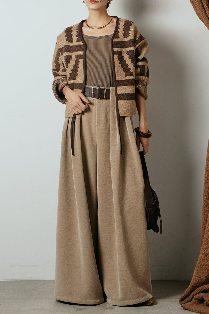 [SET]ノーカラー幾何学模様アウター+ベルトループコーデュロイワイドパンツ(2set)