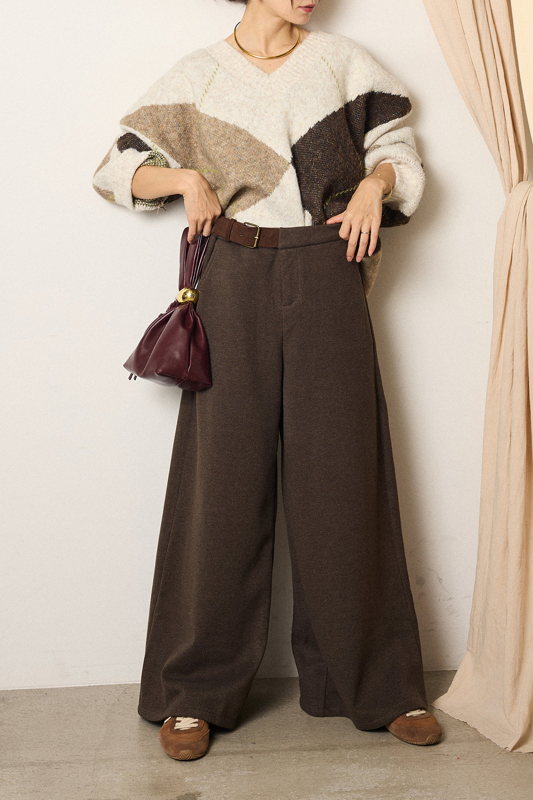 [SET]ルーズアーガイルVネックニット+サイドベルトパンツ(2set)