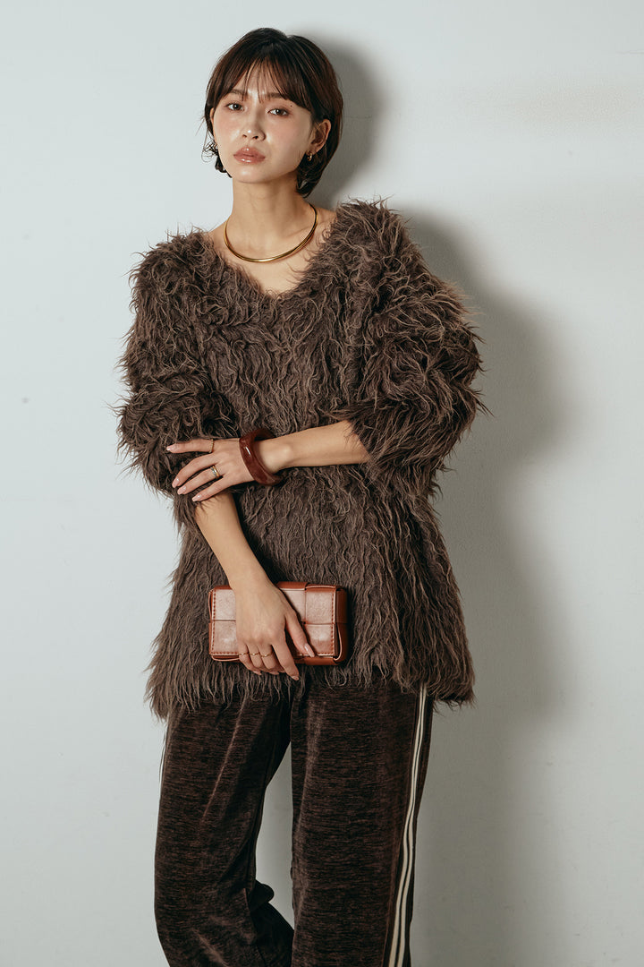 [SET]深Vネックシャギーニットトップス+リラックスサイドラインベロアワイドパンツ(2set)