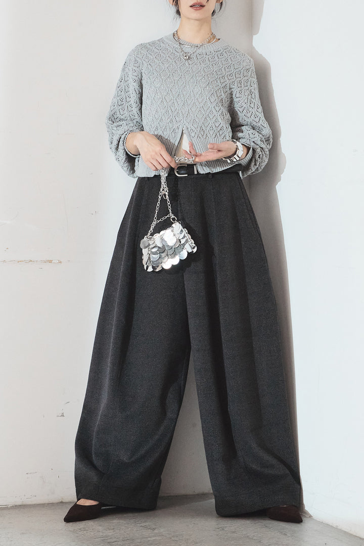 [SET]透かし編みニットジップスリットプルオーバー+ウールタッチカーブワイドパンツ(2set)