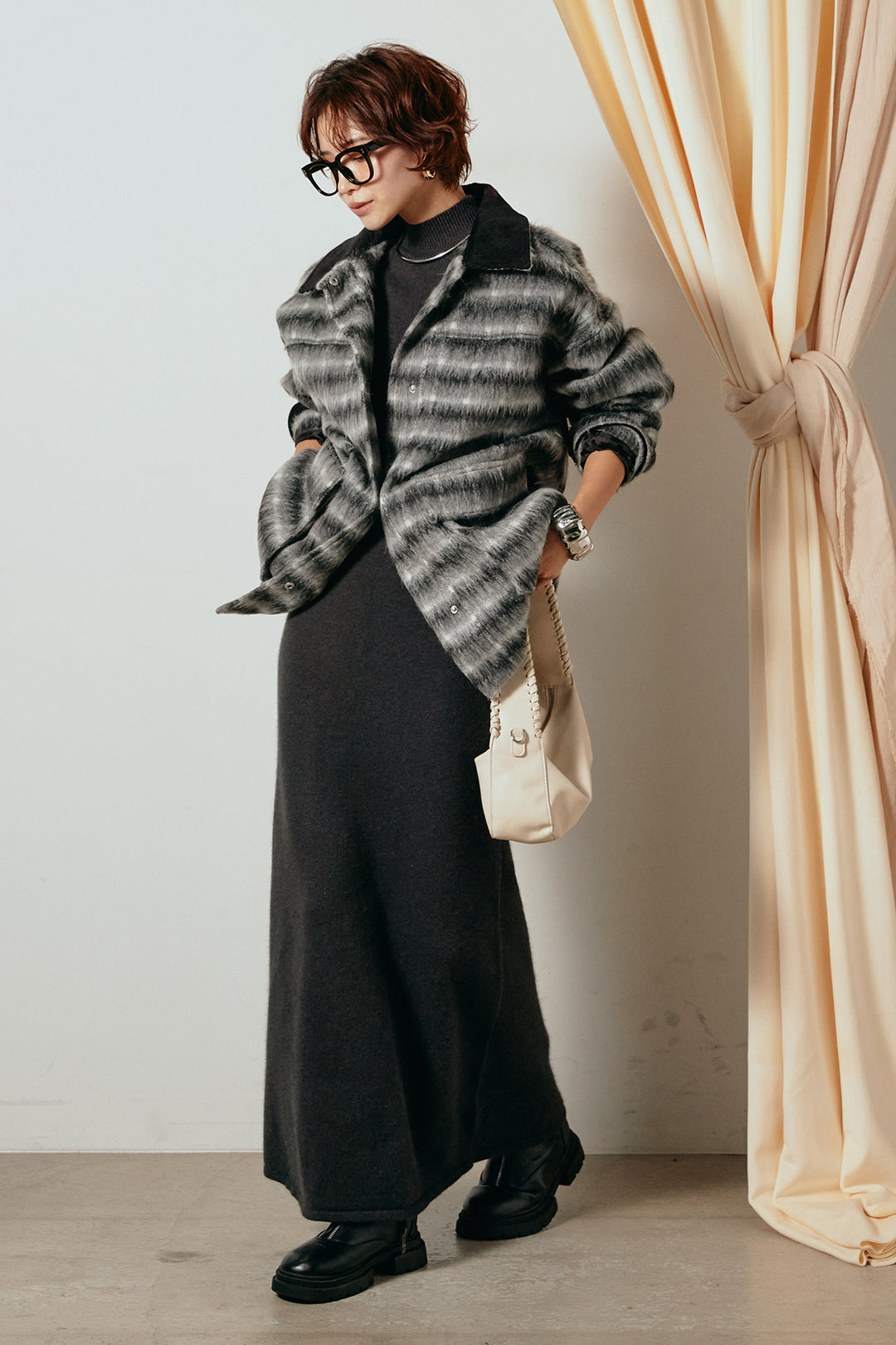 [SET]チェックシャギーミドルカバーオール+ノースリーブニットロングワンピース(2set)