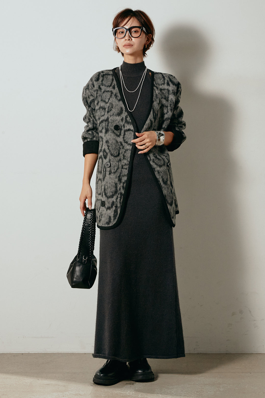 [SET]ノーカラーレオパード柄アウター+ノースリーブニットロングワンピース(2set)