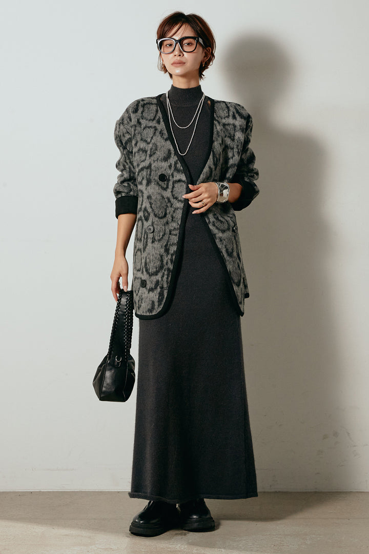 [SET]ノーカラーレオパード柄アウター+ノースリーブニットロングワンピース(2set)