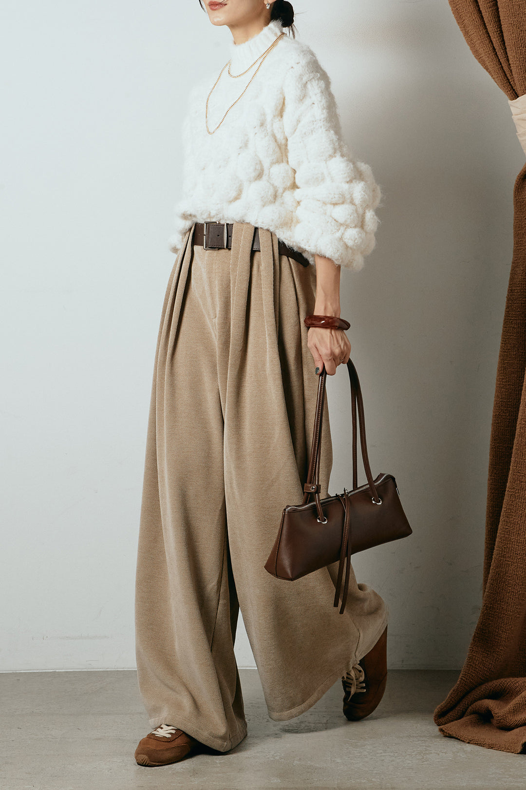 [SET]ボリュームポップコーンニットトップス+ベルトループコーデュロイワイドパンツ(2set)