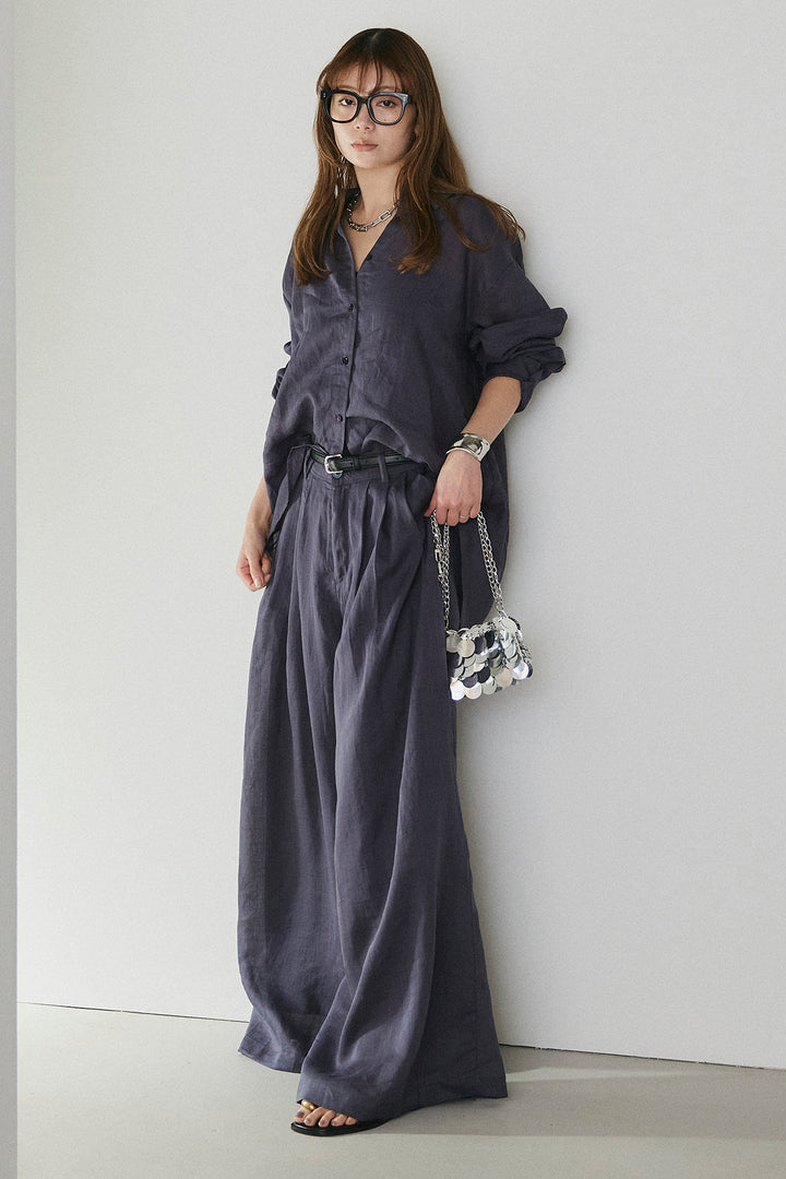 [SET]リラックスシアーシャツ+細ベルト付きシアーワイドパンツ(2set)