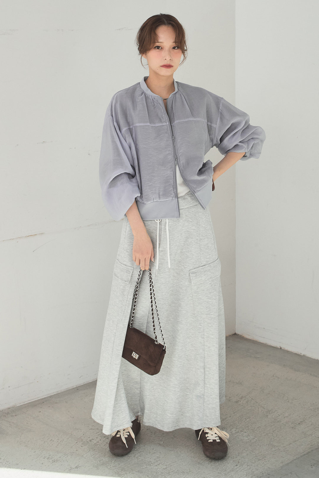 [SET]シアー×ポンチブルゾン+リラックススウェットスカート(2set)