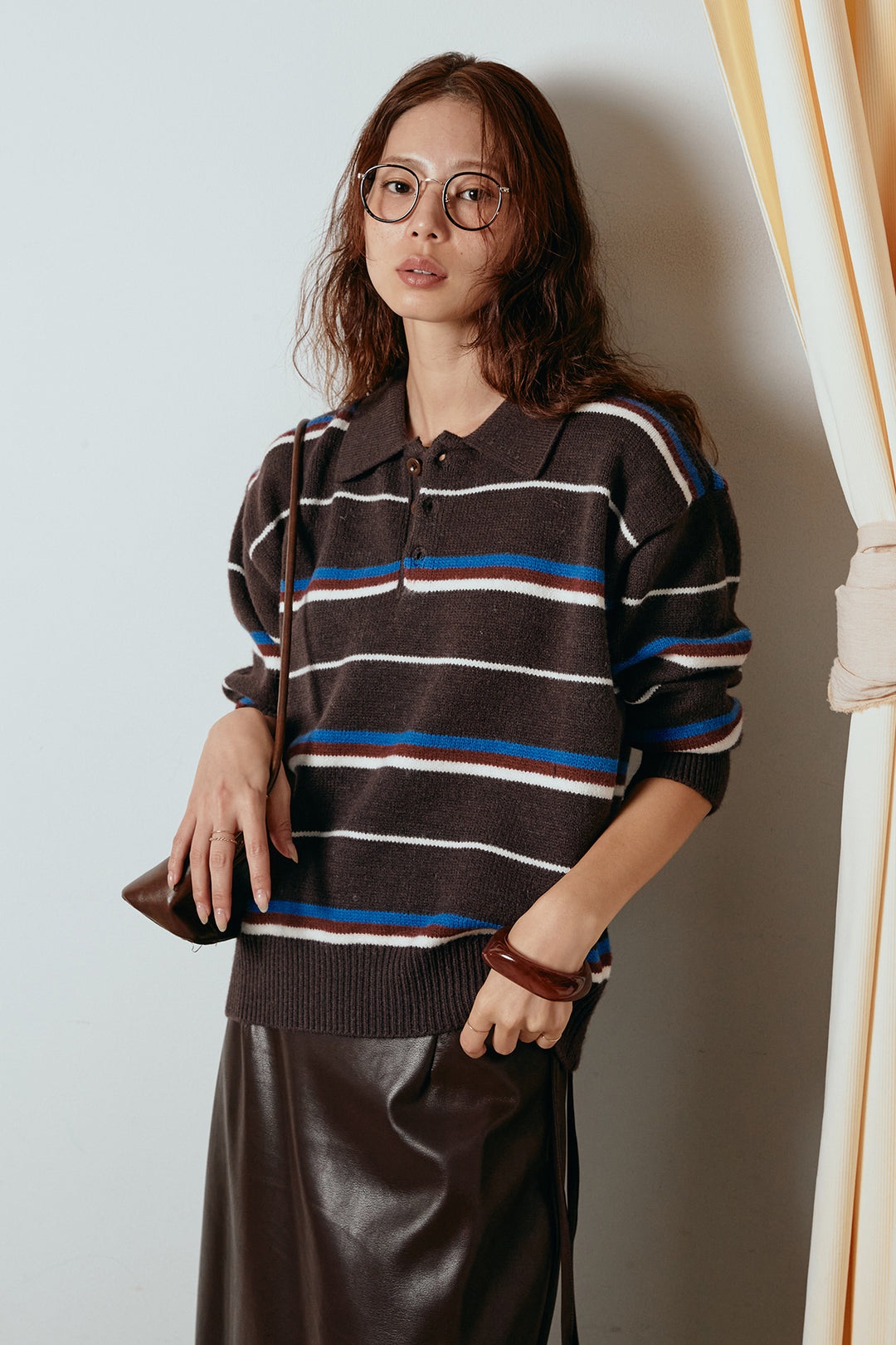 [SET]襟付きマルチボーダーニットポロトップス+紐付きフェイクレザーワイドスカート(2set)