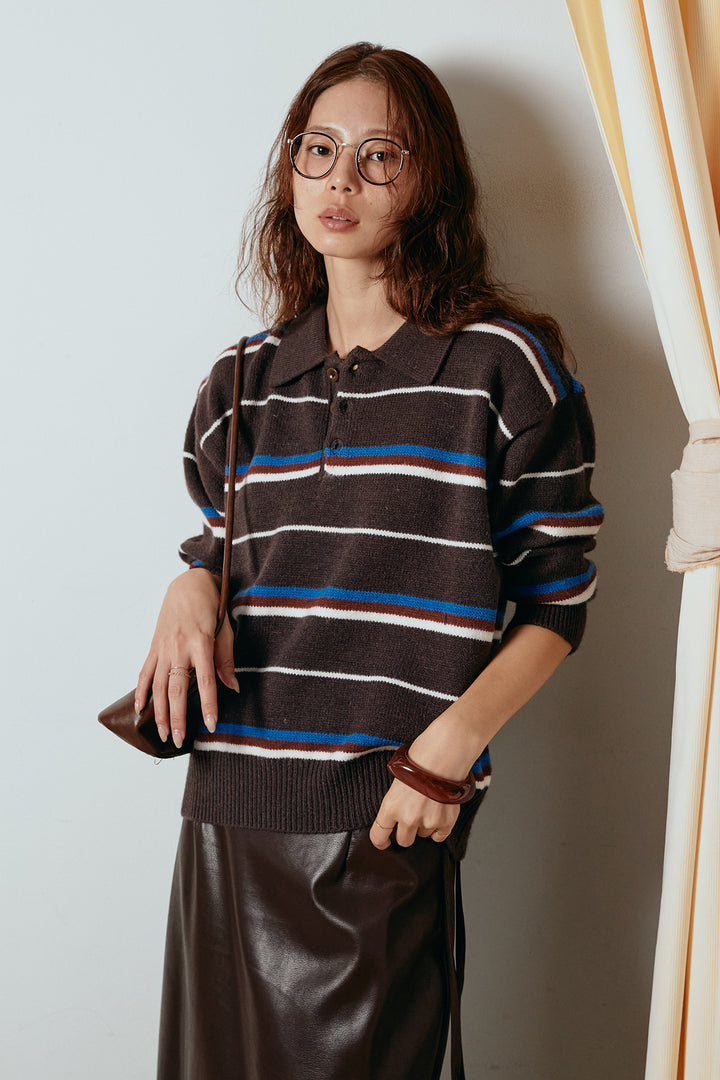 [SET]襟付きマルチボーダーニットポロトップス+紐付きフェイクレザーワイドスカート(2set)