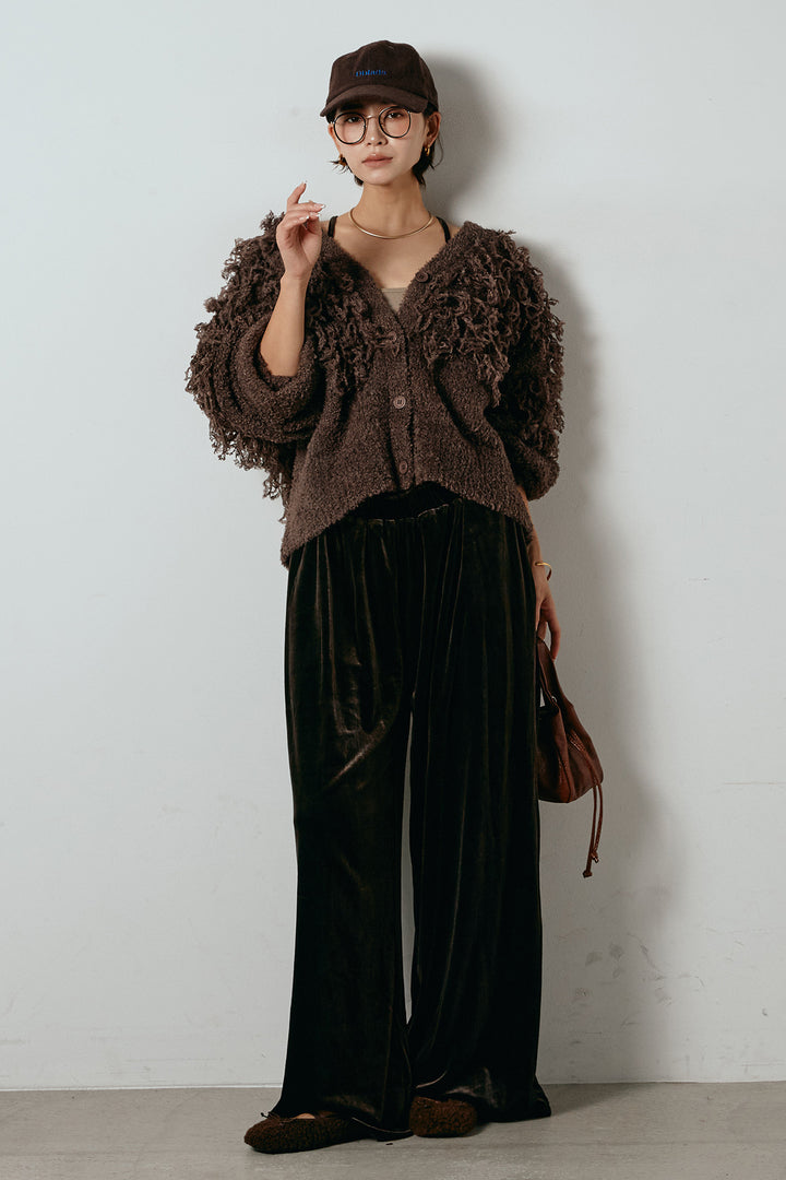 [SET]ループ編みVネックニットカーディガン+ベロアサスペンダー付きパンツ(2set)