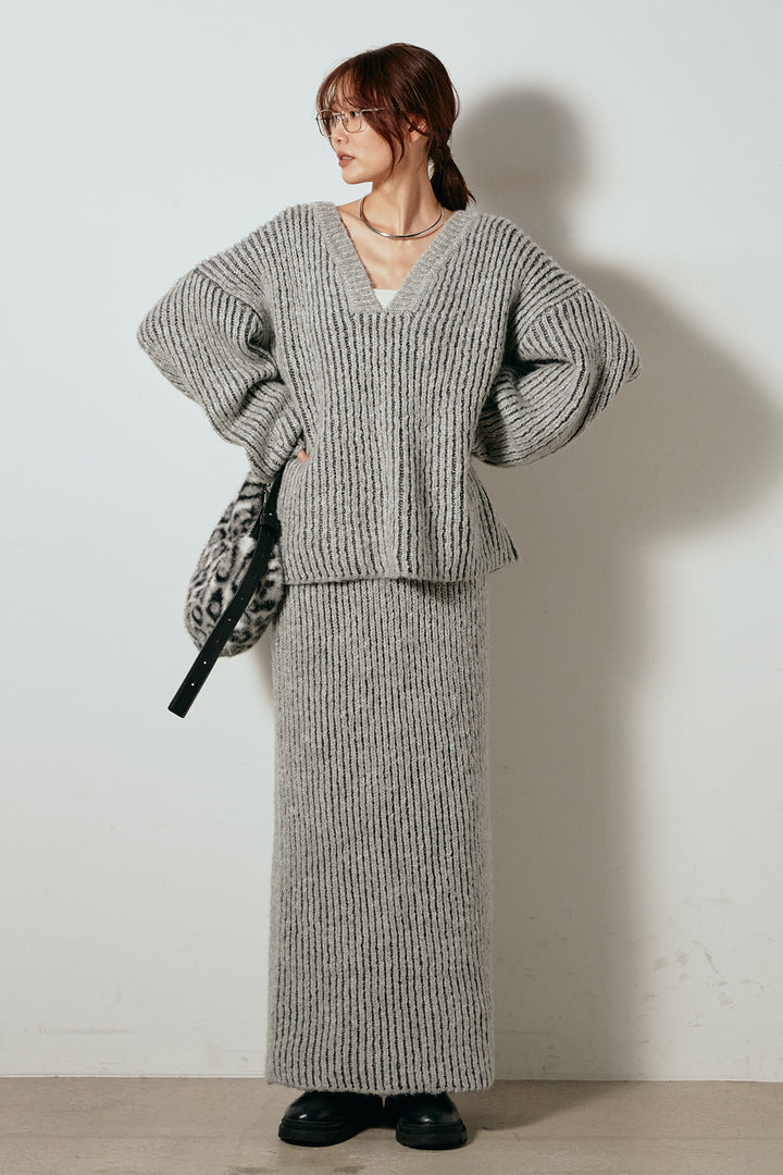 [SET]アルパカタッチ深Vニットトップス+アルパカタッチニットタイトスカート(2set)