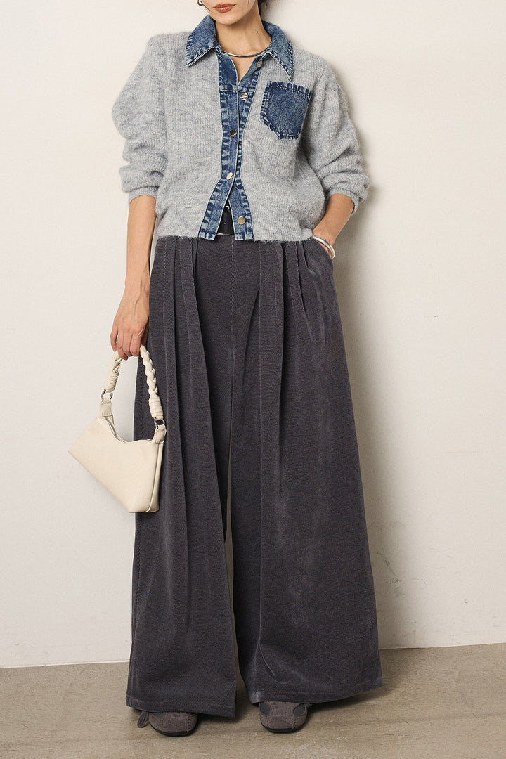[SET]襟付きデニム切替ニットカーディガン+ベルトループコーデュロイワイドパンツ(2set)