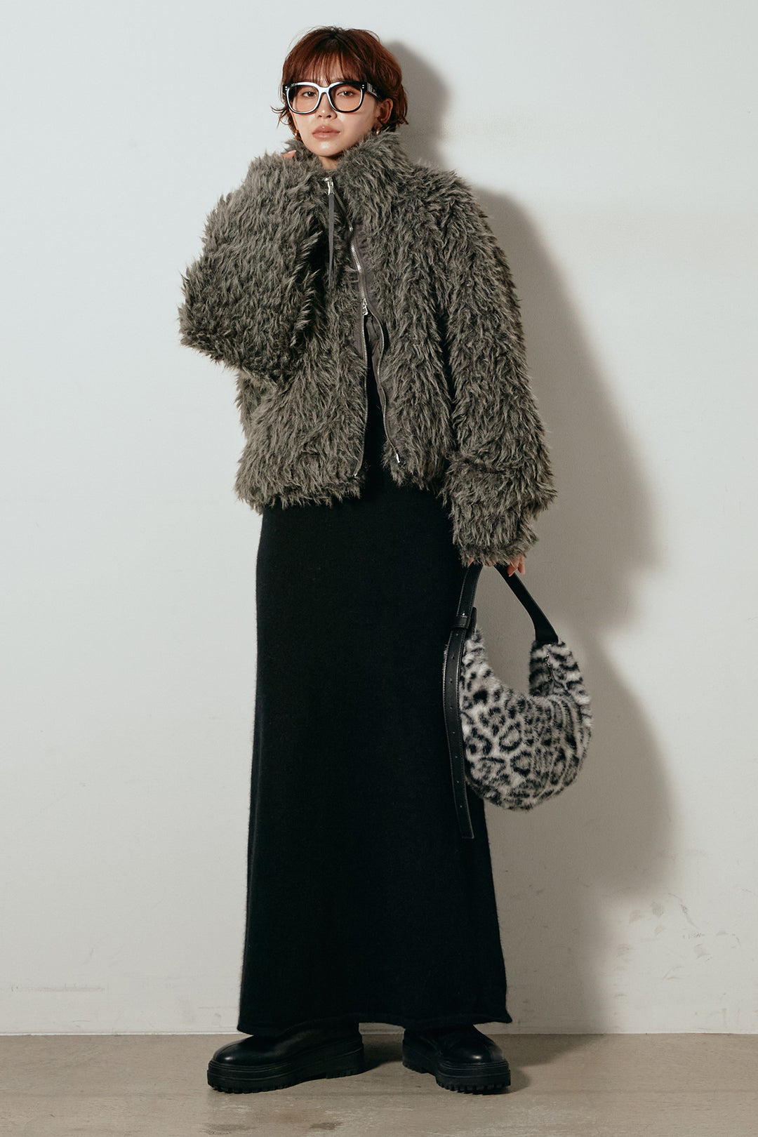 [SET]ミックスシープファースタンドブルゾン+ノースリーブニットロングワンピース(2set)