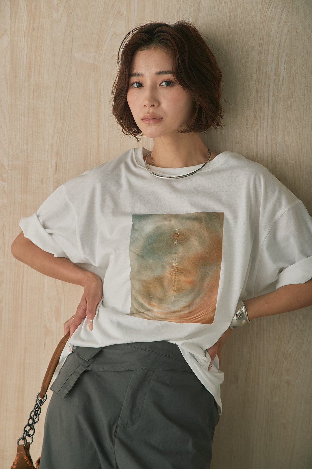 [SET]MarbleプリントTシャツ+ポケットベルト付きニーサイドタックパンツ(2set)