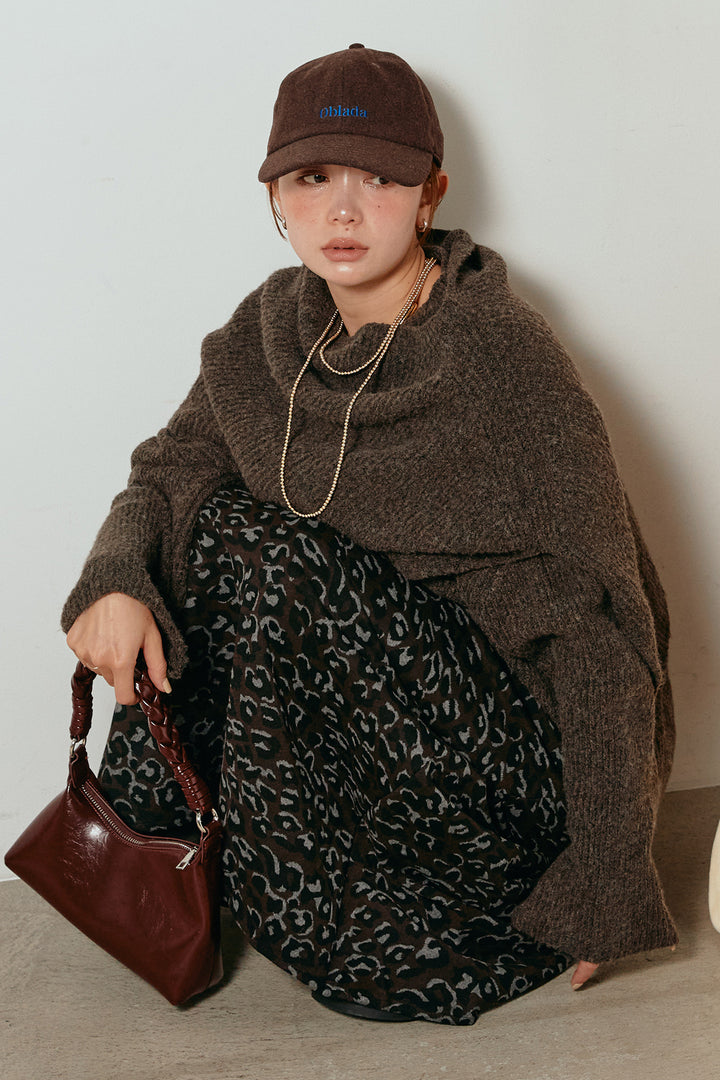 [SET]ケープデザインリブニットトップス+レオパードロングスカート(2set)