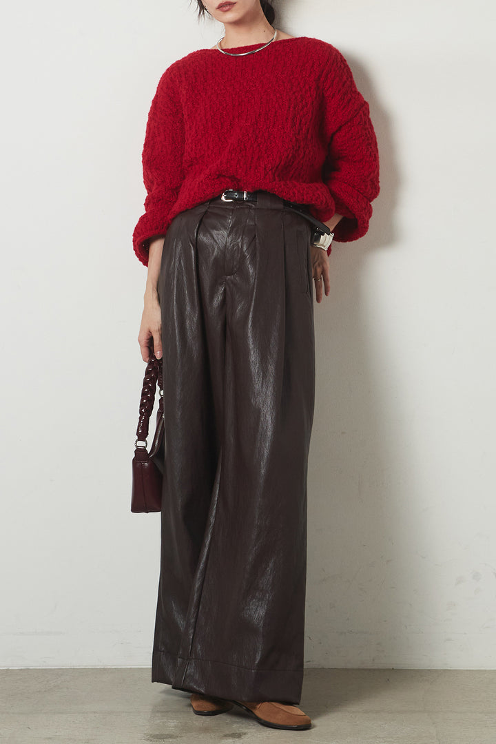 [SET]ボリューム編みニットプルオーバー+ベルト付きレザーライクタックパンツ(2set)