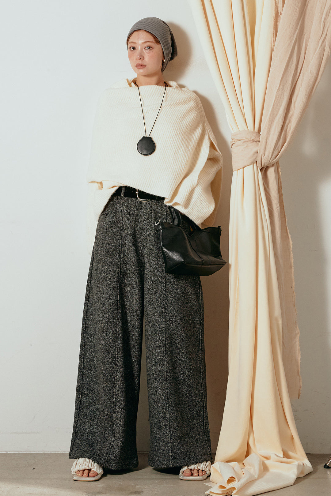 [SET]ケープデザインリブニットトップス+太ベルト付きツイードワイドパンツ(2set)
