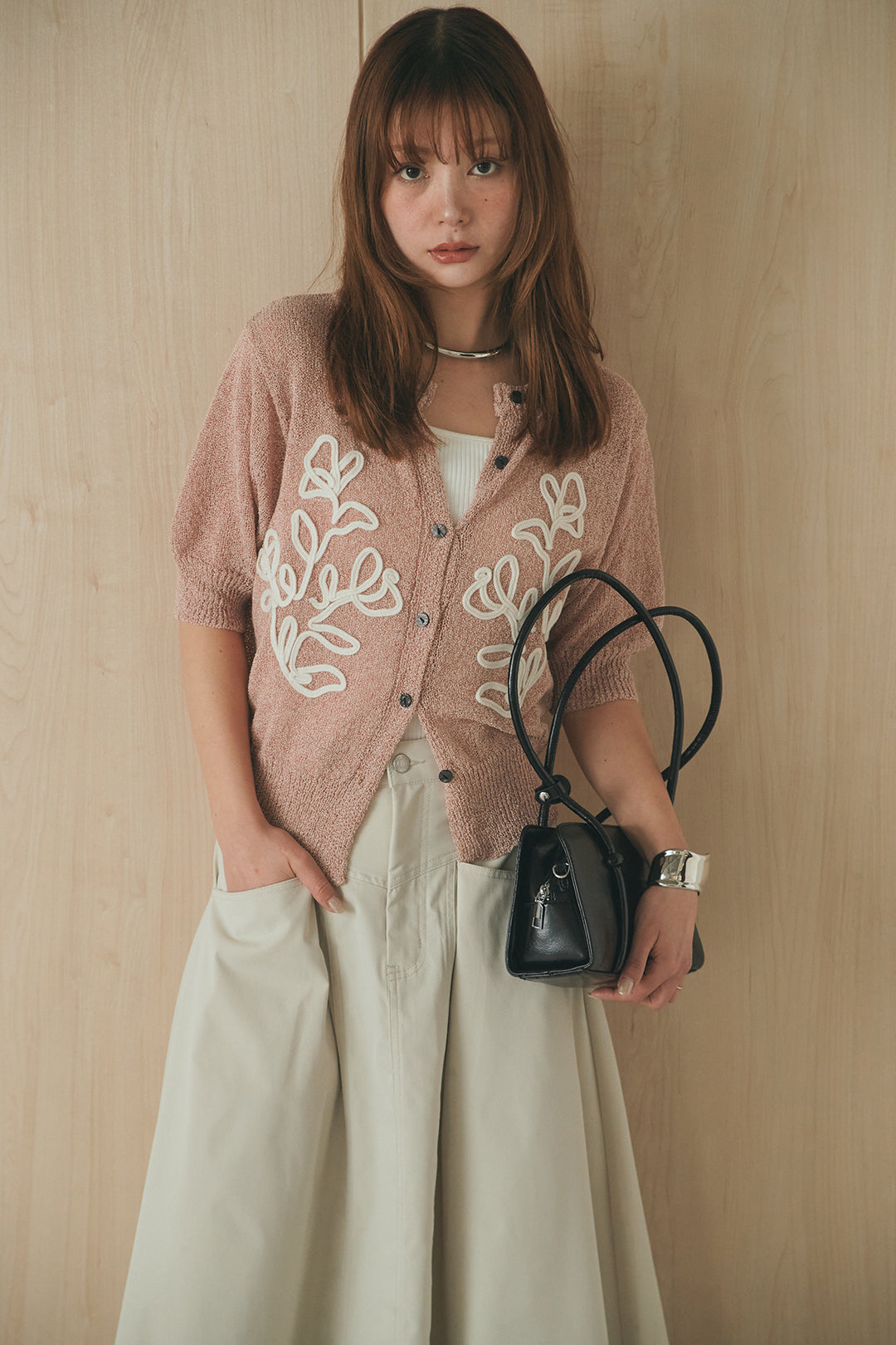 [SET]フロントテープデザイン半袖カーディガン+ミリタリーツイルタックフレアスカート(2set)