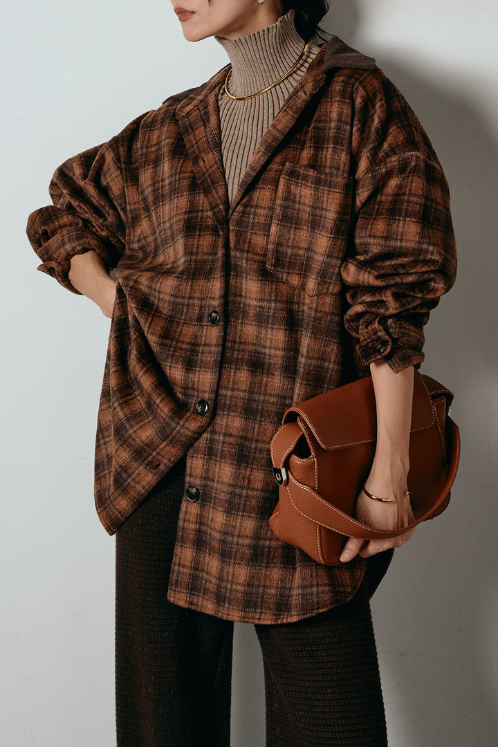 [SET]シャギーチェックシャツジャケット+ワイドリブニットイージーパンツ(2set)