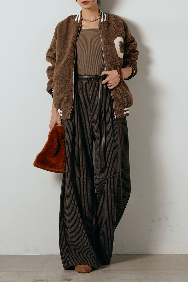 [SET]ロゴスタジャンボアブルゾン+レザーライク配色ストライプパンツ(2set)