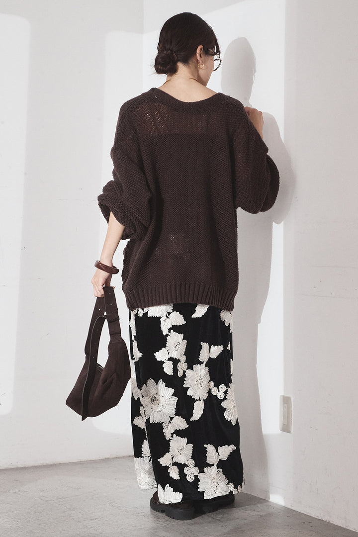 [SET]コード刺繍リラックスニットカーディガン+フラワー刺繍ワイドスカート(2set)