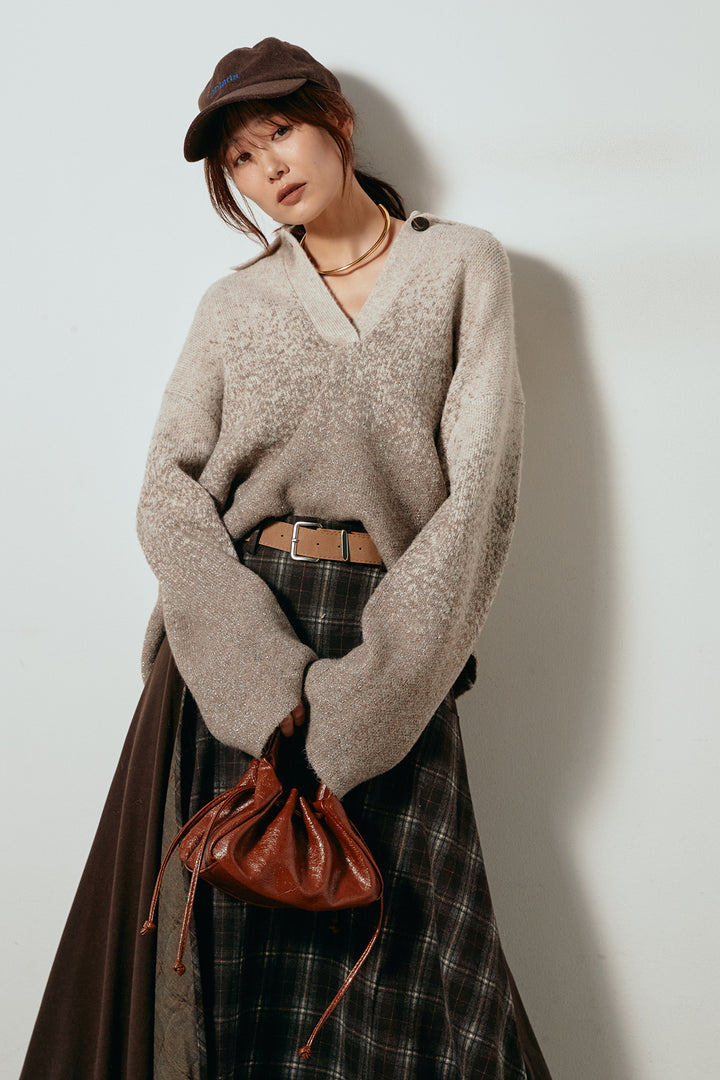 [SET]グラデーションラメニットキーネックプルオーバー+フェイクレザーベルト付き切り替えタータンチェックスカート(2set)