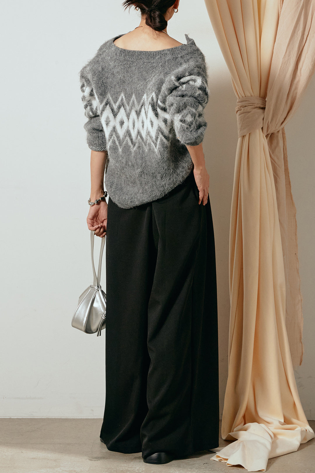 [SET]起毛ノルディック柄ニットカーディガン+ウエストステッチデザインワイドスラックス(2set)