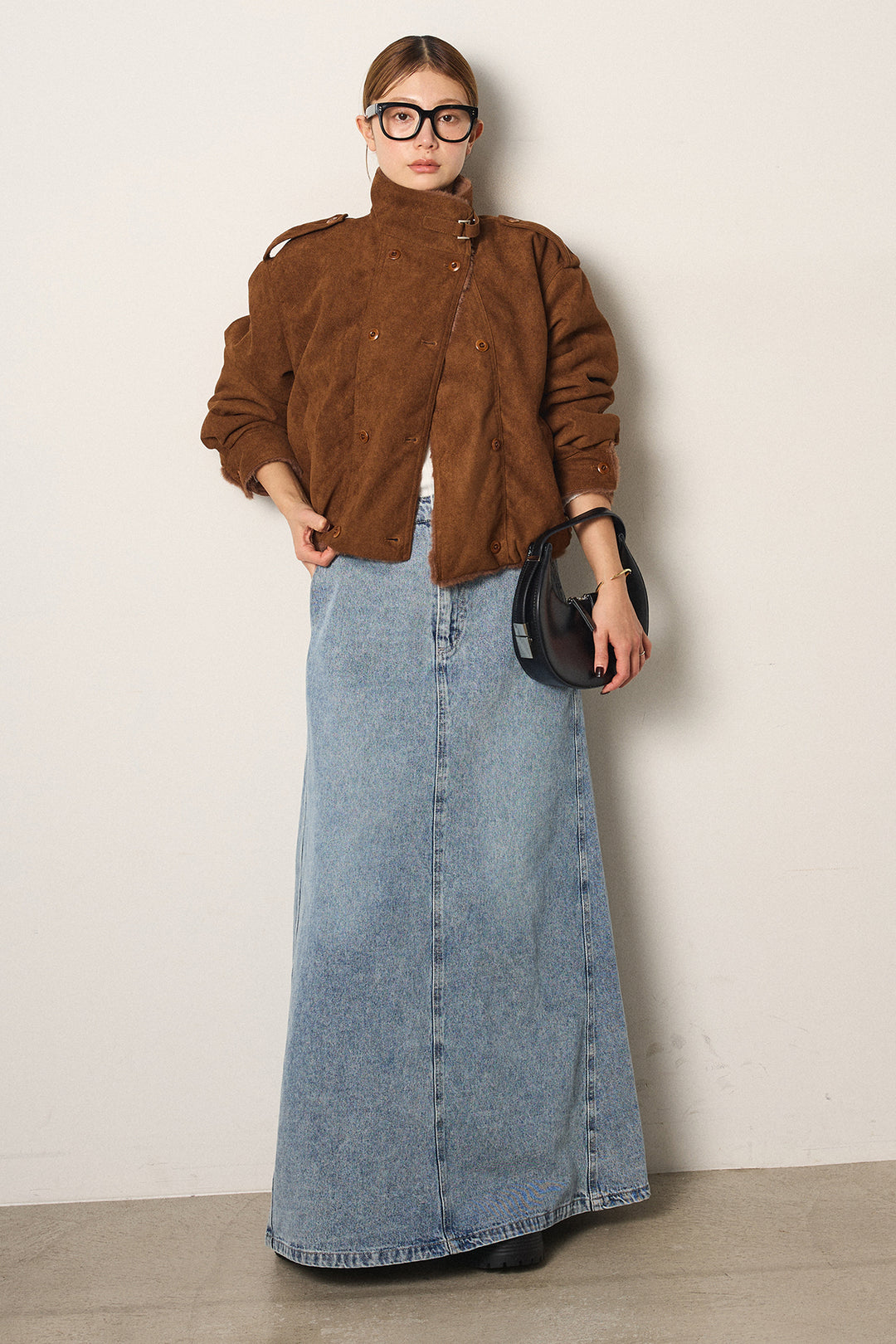 [SET]スタンド襟スウェードライクアウター+デニムロングフレアスカート(2set)