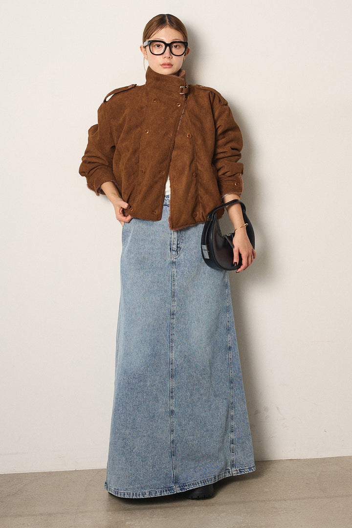 [SET]スタンド襟スウェードライクアウター+デニムロングフレアスカート(2set)
