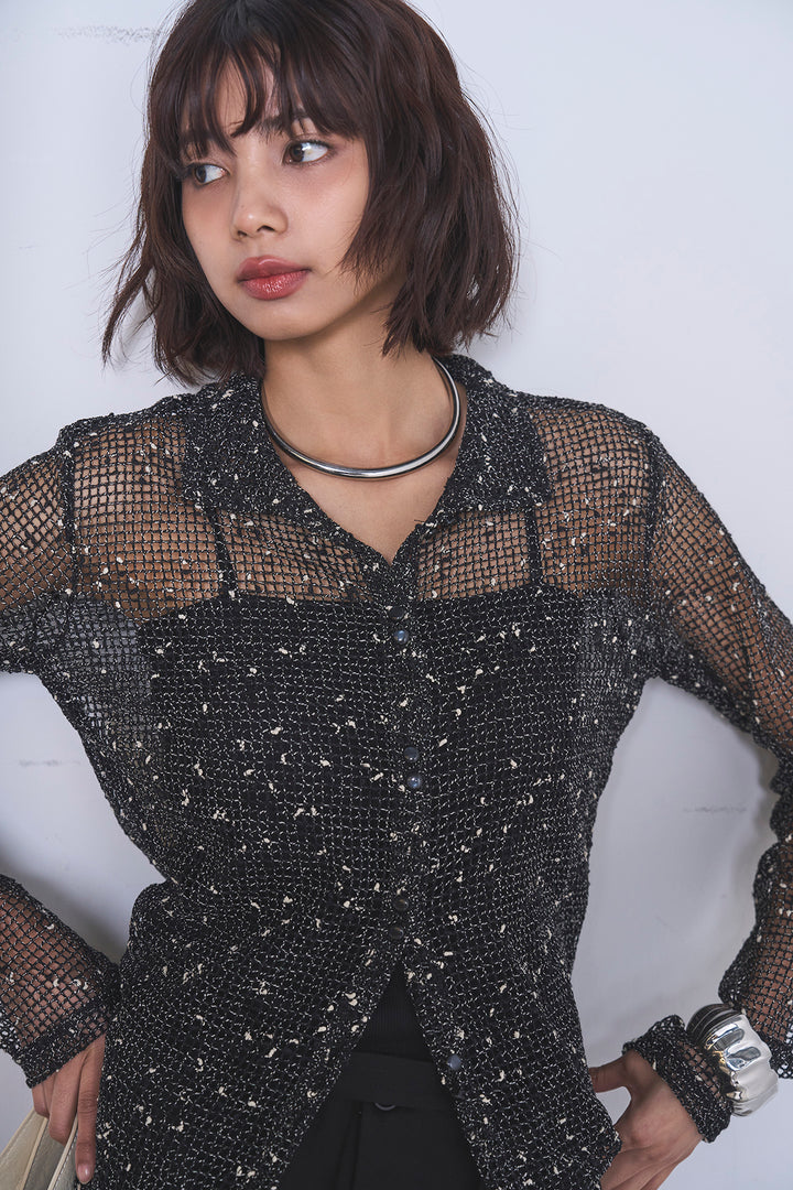 [SET]ネップメッシュポロ襟カーディガン+紐ベルト付きカーブワイドパンツ(2set)