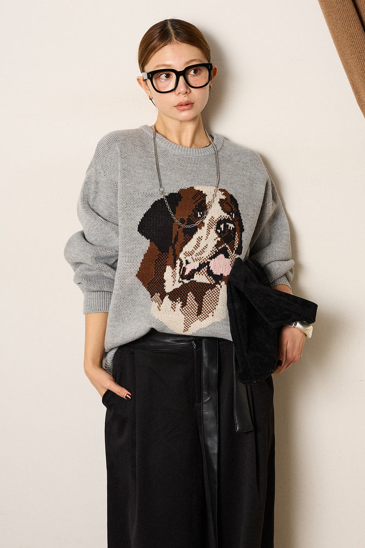 [SET]アニマルジャガード柄ニットトップス+巻ベルトウエストレザーライクワイドパンツ(2set)