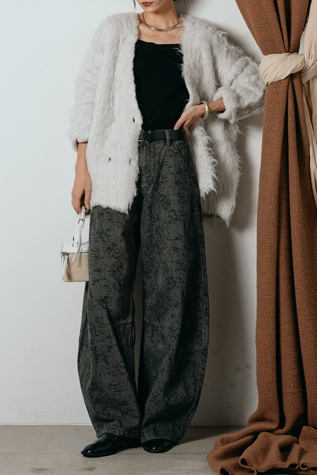 [SET]ウェーブシャギーニットジャケット+ベルト付きニュアンス柄カーブワイドパンツ(2set)