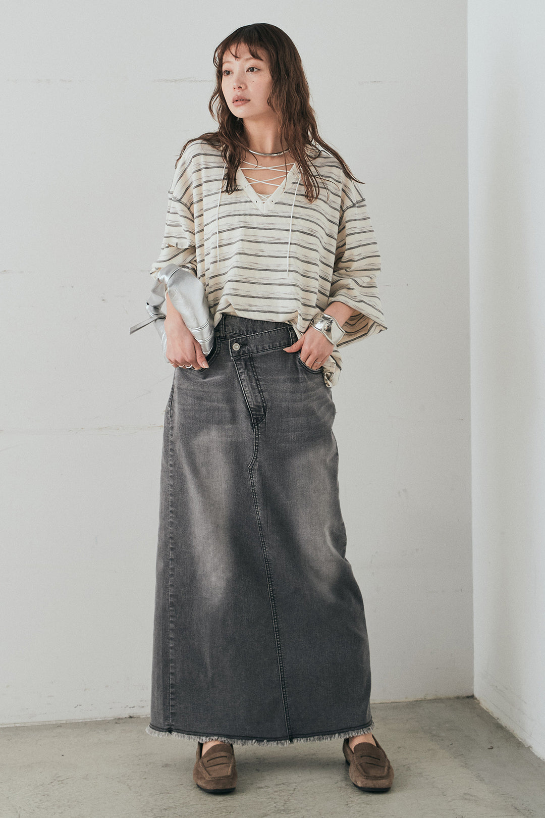 [SET]レースアップワッフルボーダートップス+ウエストクロスデニムタイトスカート(2set)