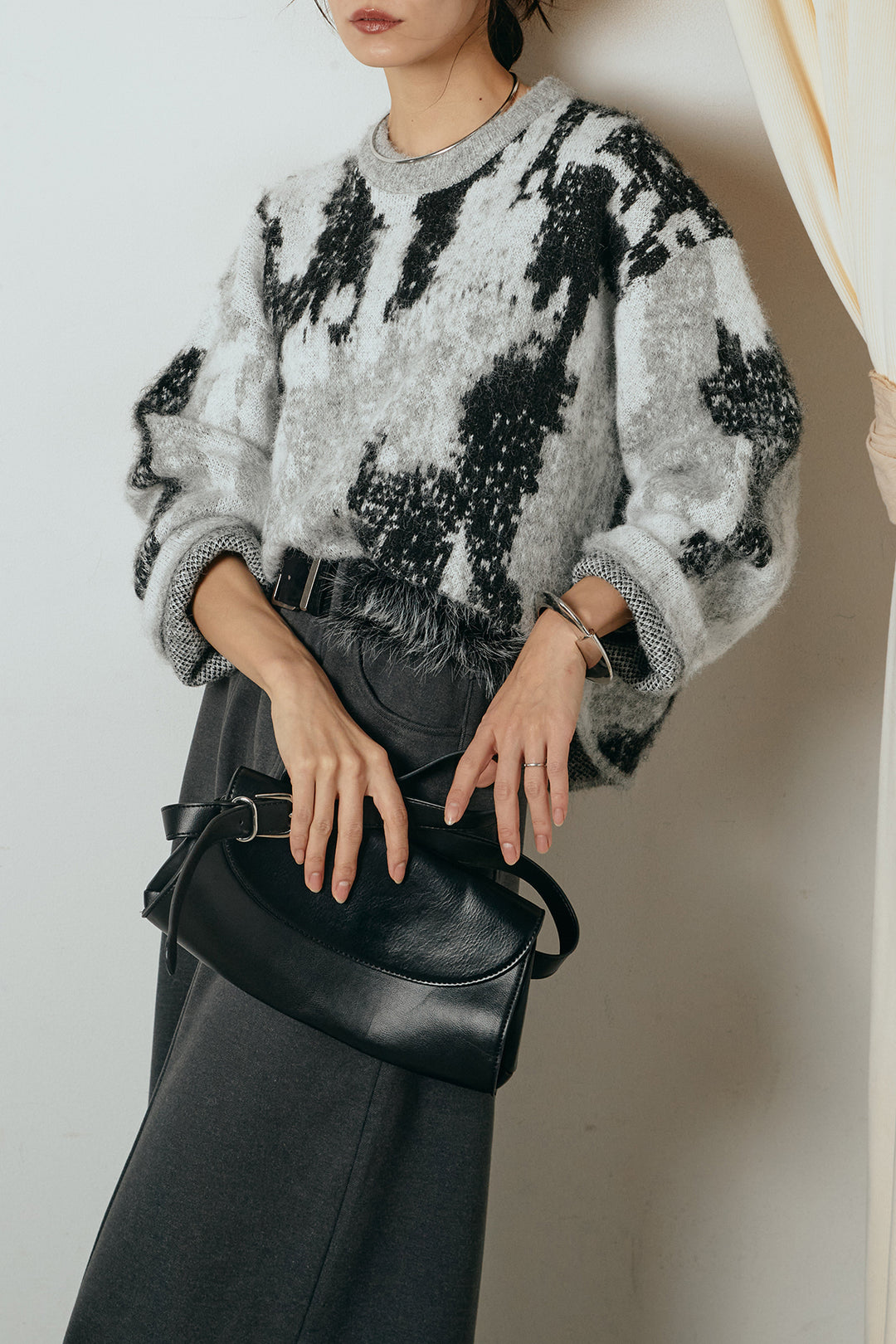 [SET]起毛ニュアンス柄ニットプルオーバー+ファーベルト付きワイドパンツ(2set)