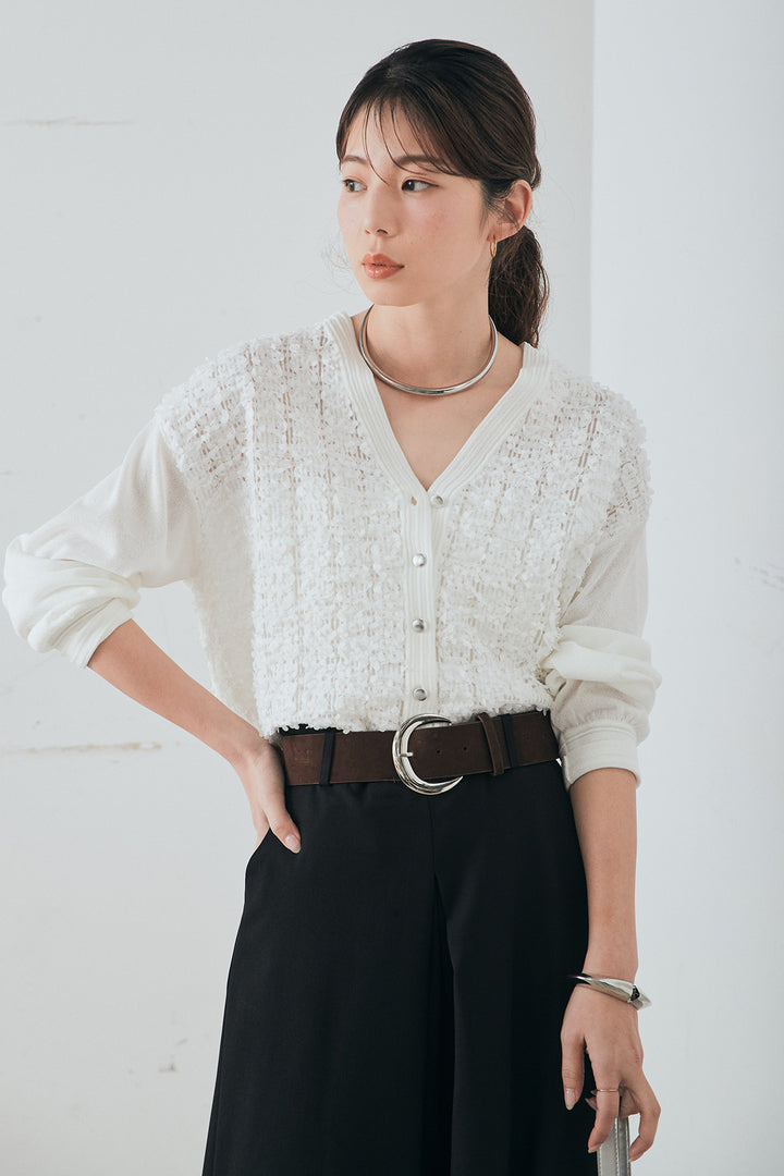 [SET]モコレースVネックカーディガン+太ベルト付きフロントタックパンツ(2set)