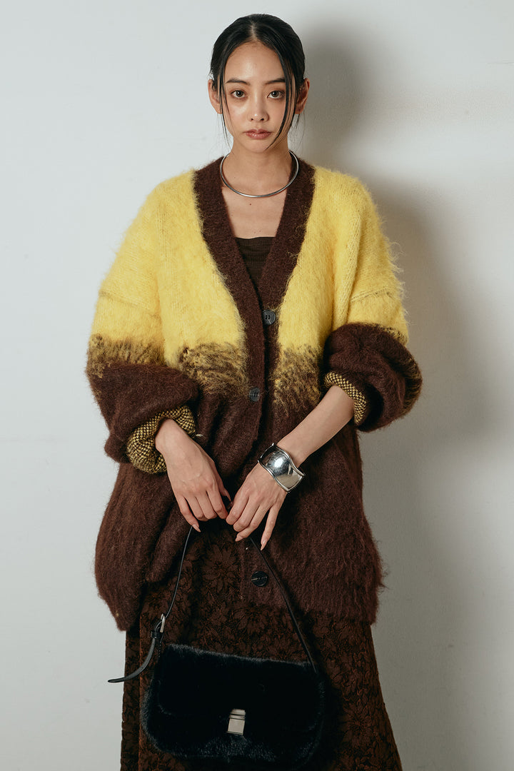 [SET]起毛グラデーションニットカーディガン+花柄刺繍ベロアフレアスカート(2set)