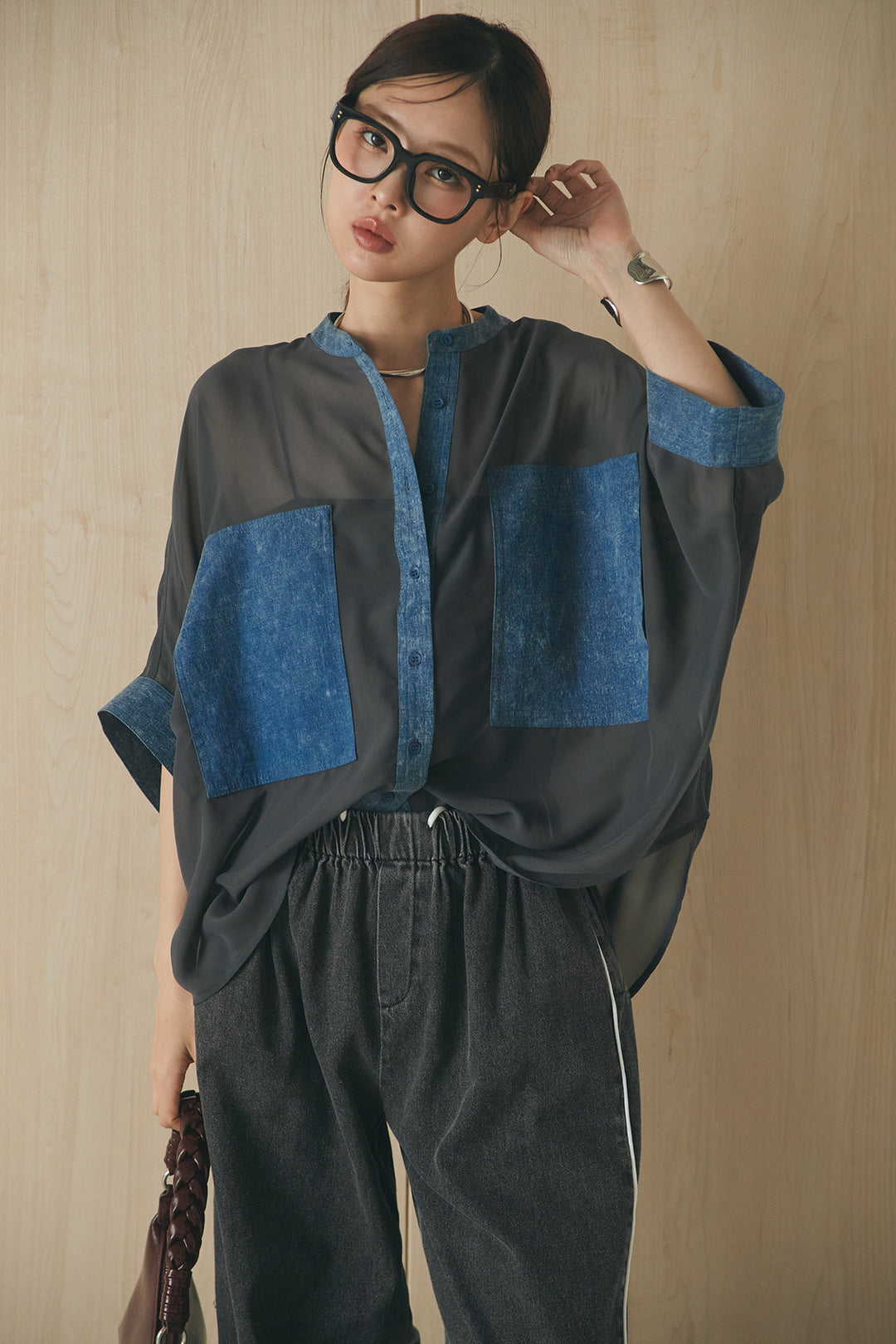 [SET]デニムライクビッグツーポケシアーシャツ+ドロストサイドラインデニムパンツ(2set)