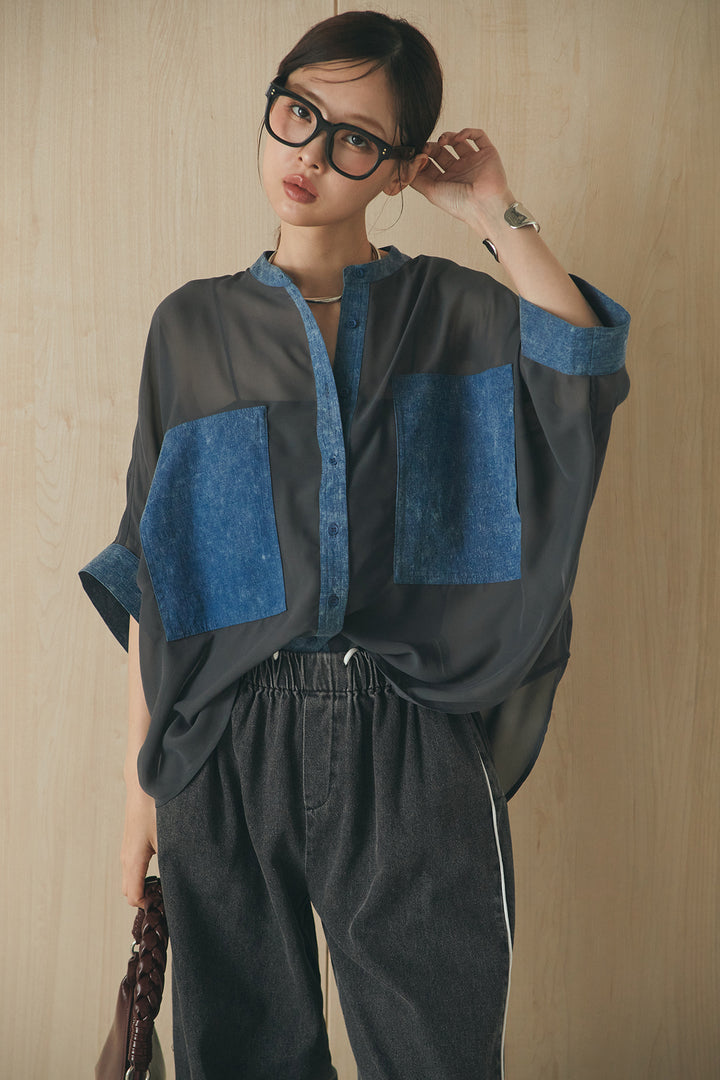[SET]デニムライクビッグツーポケシアーシャツ+ドロストサイドラインデニムパンツ(2set)