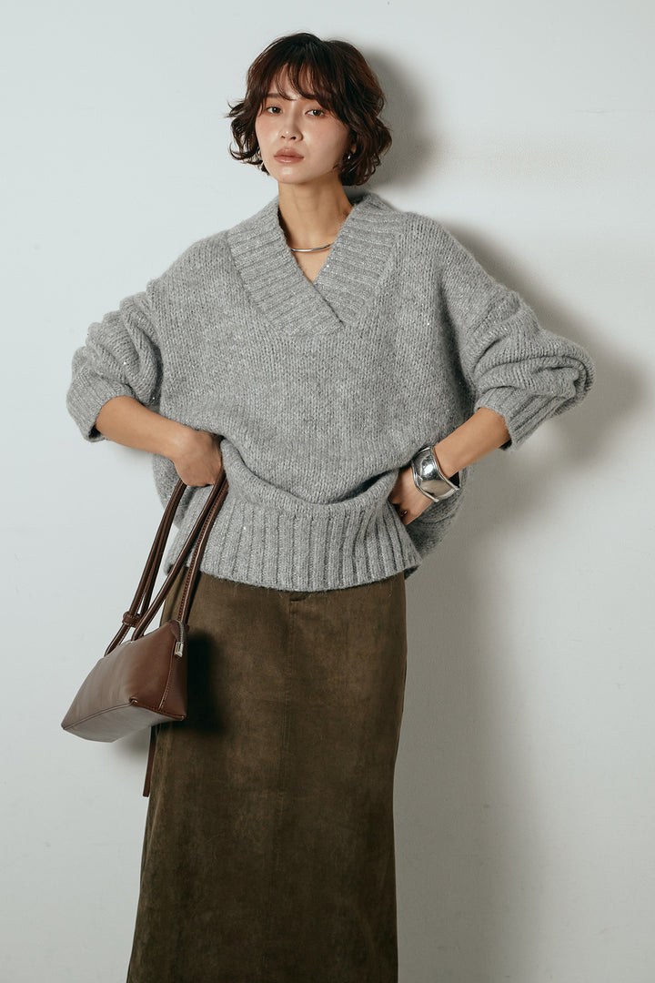 [SET]Vネックラメニットトップス+スウェードライク裾フリンジスカート(2set)