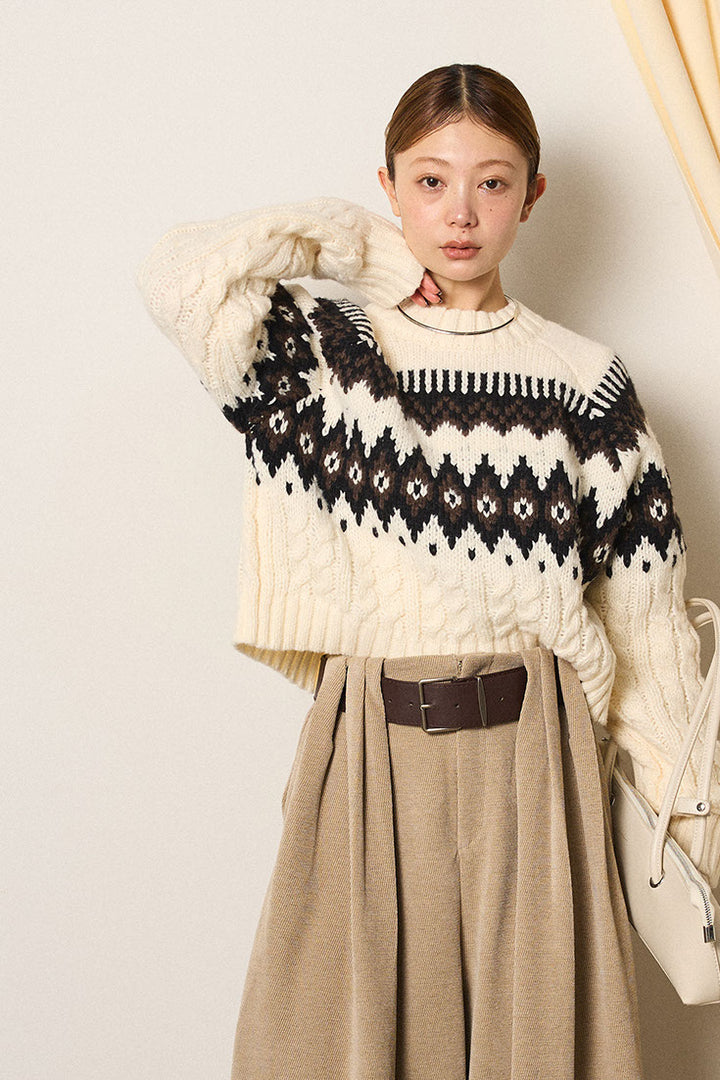 [SET]2WAY求心柄ジャガードショートカーディガン+2WAY袖コード刺繍クルーネックプルオーバー(2set)