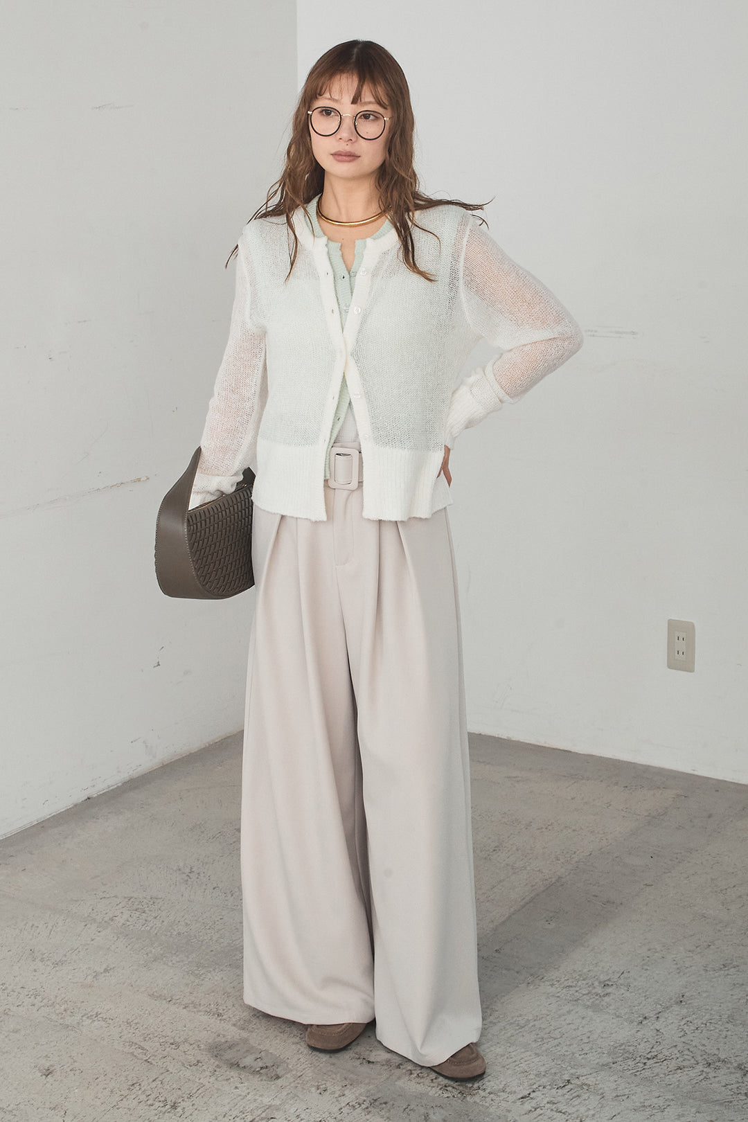 [SET]モヘア透かし編みレイヤードアンサンブルセット+ベルト付きツータックワイドパンツ(2set)